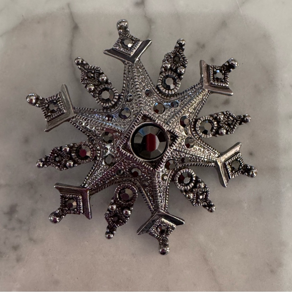 Hematite snowflake brooch, 2 1/2 inches, like new